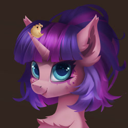 Size: 3000x3000 | Tagged: safe, artist:neverend, derpibooru import, oc, oc only, bird, pony, unicorn, brown background, bust, chest fluff, ear fluff, ears, female, horn, looking at you, mare, photo, pink coat, simple background, smiling, solo, two toned mane, unicorn oc