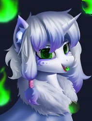 Size: 2480x3268 | Tagged: safe, artist:neverend, derpibooru import, oc, oc only, pony, unicorn, ear fluff, ears, green eyes, horn, looking at you, magic, solo, two toned mane, unicorn oc, white coat