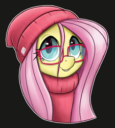 Size: 743x826 | Tagged: safe, artist:ikarooz, derpibooru import, fluttershy, pegasus, pony, beanie, black background, braces, bust, clothes, cute, female, glasses, hat, looking at you, mare, outline, portrait, shyabetes, simple background, smiling, solo, stray strand, sweater, sweatershy, teenager, turtleneck, white outline, younger