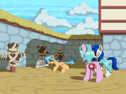 Size: 800x600 | Tagged: safe, artist:rangelost, derpibooru import, oc, oc only, oc:healing spring, oc:sapphire kite, earth pony, pony, unicorn, cyoa:d20 pony, dummy, female, mare, mouth hold, outdoors, sword, training dummy, weapon