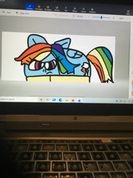 Size: 1280x1707 | Tagged: safe, artist:sugarbugjewelpet, derpibooru import, rainbow dash, pegasus, 1000 hours in ms paint, female, fishcake, food transformation, mare, photo, picture of a screen, simple background, solo, transformation, white background