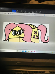 Size: 1280x1707 | Tagged: safe, artist:sugarbugjewelpet, derpibooru import, fluttershy, pegasus, 1000 hours in ms paint, female, fishcake, food transformation, mare, photo, picture of a screen, solo