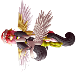 Size: 2526x2374 | Tagged: safe, artist:mediasmile666, derpibooru import, oc, oc only, pegasus, pony, choker, clothes, duo, female, floral head wreath, flower, looking at each other, mare, simple background, socks, spread wings, striped socks, transparent background, two toned wings, wings