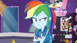 Size: 3410x1920 | Tagged: safe, derpibooru import, screencap, rainbow dash, better together, equestria girls, holidays unwrapped, angry, clothes, crossed arms, cutie mark, cutie mark on clothes, dashing through the mall, female, geode of super speed, hoodie, jewelry, magical geodes, necklace, rainbow dash is not amused, solo, unamused