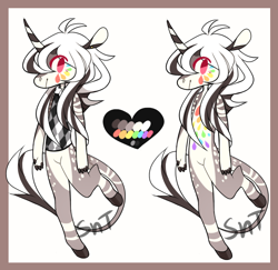 Size: 720x699 | Tagged: safe, artist:sweet-n-treat, derpibooru import, oc, oc only, anthro, unguligrade anthro, unicorn, abstract background, duo, heart, horn, male, signature, smiling, unicorn oc