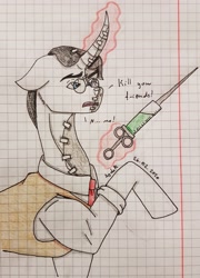 Size: 2465x3419 | Tagged: safe, artist:agdapl, derpibooru import, pony, unicorn, bust, clothes, glasses, glowing horn, graph paper, horn, magic, male, medic, necktie, ponified, raised hoof, raised leg, signature, stallion, stitches, talking, team fortress 2, telekinesis, traditional art