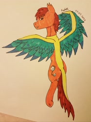 Size: 2750x3667 | Tagged: safe, artist:agdapl, derpibooru import, pegasus, pony, flying, looking back, male, ponified, scout, signature, stallion, team fortress 2, traditional art, two toned wings, wings