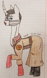 Size: 2023x3343 | Tagged: safe, artist:agdapl, derpibooru import, pony, unicorn, boots, clothes, face mask, glasses, graph paper, horn, male, mask, medic, ponified, raised hoof, raised leg, shoes, signature, stallion, team fortress 2, traditional art
