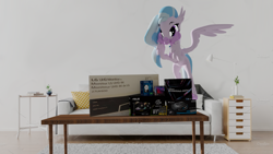 Size: 1920x1080 | Tagged: safe, artist:dianetgx, derpibooru import, silverstream, 3d render, boxes, excited, grin, happy, living room, sfm pony, smiling, table, unboxing