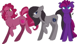 Size: 2251x1287 | Tagged: safe, artist:gallantserver, derpibooru import, oc, oc only, oc:blackberry pie, oc:huckleberry pie, oc:raspberry sugarcane, earth pony, pony, female, magical lesbian spawn, male, mare, offspring, parent:pinkie pie, parent:tempest shadow, parents:tempestpie, stallion