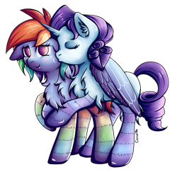 Size: 3462x3362 | Tagged: safe, artist:coco-drillo, derpibooru import, rainbow dash, rarity, pegasus, pony, unicorn, alternate hairstyle, blushing, chest fluff, clothes, commission, couple, cute, ear fluff, ears, eyes closed, female, floppy ears, hug, kiss on the cheek, kissing, lesbian, raridash, shipping, simple background, smooch, socks, stockings, striped socks, thigh highs, transparent background, winghug, wings