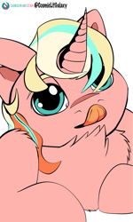 Size: 1335x2224 | Tagged: safe, artist:cosmiclitgalaxy, derpibooru import, oc, oc:peach tea, chest fluff, commission, cute, solo, tongue, tongue out, ych result