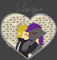 Size: 1015x1057 | Tagged: safe, artist:juliana, derpibooru import, oc, oc only, oc:eis, oc:fritzy, human, pegasus, pony, blushing, couple, heart, hearts and hooves day, holiday, human oc, kissing, love, valentine's day