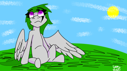 Size: 1200x675 | Tagged: safe, artist:ukedideka, derpibooru import, oc, oc only, oc:quizzical aphre, pegasus, pony, blue sky, cloud, grass, looking up, purple eyes, redraw, sitting, smiling, solo, spread wings, wings