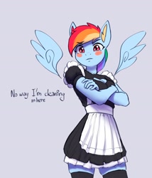 Size: 3232x3774 | Tagged: safe, artist:mrscroup, derpibooru import, rainbow dash, anthro, pegasus, adorasexy, blush sticker, blushing, boob window, clothes, crossed arms, cute, dashabetes, embarrassed, female, floating wings, frown, looking at you, maid, mare, no tail, rainbow maid, sexy, simple background, skindentation, socks, solo, stupid sexy rainbow dash, text, thigh highs, wings, zettai ryouiki