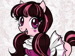 Size: 900x675 | Tagged: safe, artist:bbqgoth, derpibooru import, pony, undead, vampire, vampony, cute, cute little fangs, draculaura, fangs, female, looking at you, mare, monster high, open mouth, ponified, smiling, solo, wingless