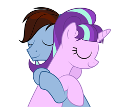 Size: 886x744 | Tagged: safe, artist:culu-bluebeaver, derpibooru import, starlight glimmer, oc, oc:bluehooves, earth pony, unicorn, comic:the newcomer, eyes closed, female, hug, male, mare, png, s5 starlight, simple background, smiling, stallion, straight, transparent background