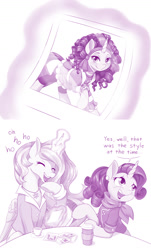 Size: 1100x1820 | Tagged: safe, artist:dstears, derpibooru import, princess celestia, rarity, alicorn, pony, unicorn, my little pony: the manga, my little pony: the manga volume 3, spoiler:manga3, duo, ear piercing, earring, embarrassed, female, fully clothed, glowing horn, horn, jewelry, laughing, mare, monochrome, necklace, open mouth, picture, piercing