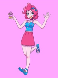 Size: 1620x2160 | Tagged: safe, artist:haibaratomoe, derpibooru import, pinkie pie, better together, equestria girls, bare shoulders, cupcake, cute, diapinkes, feet, food, geode of sugar bombs, magical geodes, pink background, sandals, simple background, sleeveless, solo