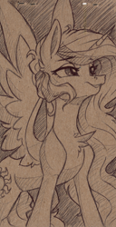 Size: 4094x7983 | Tagged: safe, artist:faline-art, derpibooru import, princess celestia, alicorn, pony, absurd file size, absurd resolution, chest fluff, monochrome, smiling, solo, spread wings, traditional art, wings