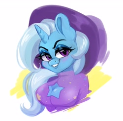 Size: 4096x4009 | Tagged: safe, artist:techycutie, derpibooru import, trixie, anthro, unicorn, blushing, boob window, breasts, cleavage, lidded eyes, looking at you, smiling, titsie