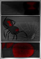 Size: 960x1384 | Tagged: safe, artist:belle_bonni, derpibooru import, oc, oc only, oc:xuan mai, bat pony, pony, spider, comic:spelunker, bat pony oc, beast, black widow, cave, comic, commission, eye contact, looking at each other, monster, peril, scared, solo, spider web, this will end in pain, this will end in tears