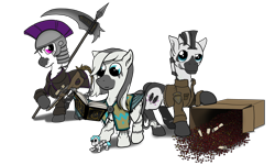 Size: 4972x2981 | Tagged: safe, artist:capt-sierrasparx, derpibooru import, oc, oc:balefire, oc:mist(captain), oc:zb, zebra, fallout equestria, armor, bat wings, black book, bottlecap, box, caps, cardboard box, clothes, fallout, female, foe adventures, gun, helmet, jacket, male, plushie, rifle, scythe, shawl, starkatteri, weapon, wings