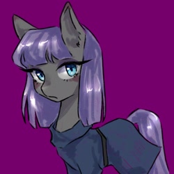 Size: 1653x1653 | Tagged: safe, artist:silkyunii, derpibooru import, maud pie, earth pony, pony, ear fluff, ears, female, looking at you, mare, purple background, simple background, solo