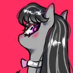 Size: 1653x1653 | Tagged: safe, artist:silkyunii, derpibooru import, octavia melody, pony, bowtie, bust, colored pupils, female, looking back, mare, pink background, portrait, simple background, solo