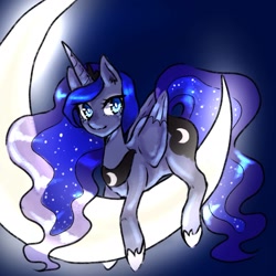 Size: 1653x1653 | Tagged: safe, artist:silkyunii, derpibooru import, princess luna, alicorn, pony, crescent moon, ear fluff, ears, female, glow, lying down, mare, moon, night, night sky, prone, sky, solo, tangible heavenly object, transparent moon