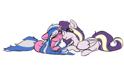 Size: 2000x1080 | Tagged: safe, anonymous artist, derpibooru import, oc, oc only, oc:alto legato, oc:azure serenity, pegasus, unicorn, boop, cute, eyes closed, glasses, holding hooves, lying down, noseboop, shipping, simple background, transparent background