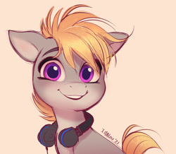 Size: 1936x1692 | Tagged: safe, artist:imalou, derpibooru import, oc, oc only, oc:cookie malou, earth pony, pony, blonde, blonde mane, blonde tail, female, headphones, looking at you, mare, simple background, smiling