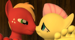 Size: 708x383 | Tagged: safe, artist:hectorlongshot, derpibooru import, edit, big macintosh, fluttershy, anthro, 3d, boop, cropped, female, fluttermac, lidded eyes, looking into each others eyes, male, noseboop, shipping, smiling, straight, toes