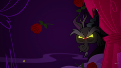 Size: 1920x1080 | Tagged: safe, derpibooru import, screencap, discord, draconequus, mad props, my little pony: pony life, spoiler:pony life s02e24, evil grin, flower, grin, male, rose, smiling, solo