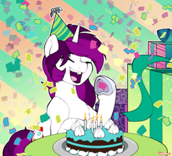 Size: 1919x1748 | Tagged: safe, artist:breioom, derpibooru import, oc, oc only, oc:curiosity cosmos, pony, unicorn, birthday, cake, cheering, confetti, eyes closed, femboy, food, hat, male, party, party hat, raised hoof, raised leg, solo, table, underhoof, whipped cream