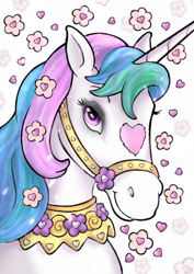 Size: 339x480 | Tagged: safe, artist:mariashek, edit, editor:hotkinkajou, princess celestia, alicorn, pony, alternate design, female, floating heart, flower, flower in hair, harness, heart, horse face, jewelry, mare, minor edit, princess celestia is a horse, solo, tack