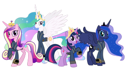 Size: 5360x3008 | Tagged: safe, artist:alandssparkle, artist:andoanimalia, artist:ponygamer2020, derpibooru import, princess cadance, princess celestia, princess luna, twilight sparkle, twilight sparkle (alicorn), alicorn, pony, fallout equestria, absurd resolution, alicorn tetrarchy, alicorn triarchy, clothes, crown, facing you, fallout, female, group, jewelry, jumpsuit, looking at you, mare, pipboy, regalia, royal sisters, siblings, simple background, sisters, smiling, smiling at you, transparent background, vault suit, vector
