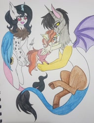 Size: 1275x1665 | Tagged: safe, artist:theumbramistress, derpibooru import, oc, oc only, oc:eclipse, oc:enigma, oc:leah, draconequus, hybrid, draconequus hybrid, draconequus oc, female, interspecies offspring, male, offspring, parent:discord, parent:princess celestia, parents:dislestia, siblings, traditional art