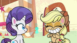 Size: 1280x720 | Tagged: safe, derpibooru import, screencap, applejack, rarity, earth pony, pony, how applejack got her hat back, my little pony: pony life, applejack's hat, clothes, cowboy hat, cute, duo, duo female, eyes closed, female, gritted teeth, hat, jackabetes, sitting, teeth