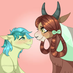 Size: 1280x1280 | Tagged: safe, artist:primrosepaper, derpibooru import, sandbar, yona, earth pony, pony, yak, blushing, eye contact, female, interspecies, looking at each other, male, shipping, smiling, straight, yonabar