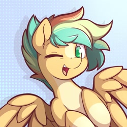 Size: 2000x2000 | Tagged: safe, artist:theparagon, derpibooru import, pegasus, pony, abstract background, bust, colored hooves, female, green eyes, looking at you, mare, one eye closed, open mouth, open smile, portrait, signature, smiling, smiling at you, solo, spread wings, wings, wink, winking at you
