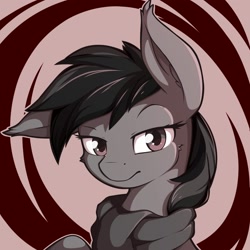 Size: 2000x2000 | Tagged: safe, artist:theparagon, derpibooru import, oc, oc only, bat pony, abstract background, bust, clothes, ears, floppy ears, lidded eyes, looking at you, portrait, scarf, solo