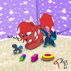 Size: 4096x4096 | Tagged: safe, derpibooru import, oc, oc:redbean, female, filly, playing, toy, wallpaper