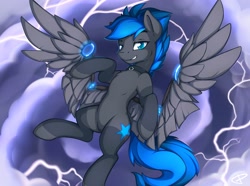 Size: 3500x2600 | Tagged: safe, artist:theparagon, derpibooru import, oc, oc only, oc:vibrant star, earth pony, artificial wings, augmented, looking at you, mechanical wing, wings