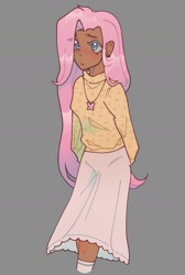 Size: 952x1417 | Tagged: safe, artist:nakkipng, derpibooru import, fluttershy, human, clothes, cute, cutie mark accessory, cutie mark necklace, gray background, humanized, jewelry, long skirt, necklace, shyabetes, simple background, skirt, solo