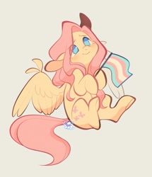 Size: 2076x2412 | Tagged: safe, artist:leapinglambs, derpibooru import, fluttershy, pegasus, pony, ears, female, flag, floppy ears, headcanon, high res, hoof hold, lgbt headcanon, mare, mouthpiece, pride, pride flag, sitting, solo, spread wings, three quarter view, transgender pride flag, wings