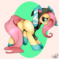 Size: 5000x5000 | Tagged: safe, artist:emilywulfstudios, derpibooru import, fluttershy, pegasus, pony, animal costume, blushing, bunny costume, bunny ears, bunnyshy, butt, clothes, costume, dangerous mission outfit, dock, featureless crotch, female, flutterbutt, hoodie, lewd, looking at you, looking back, looking back at you, mare, nervous, plot, profile, rear view, solo