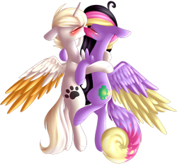 Size: 2528x2372 | Tagged: safe, artist:mediasmile666, derpibooru import, oc, oc only, alicorn, pegasus, pony, alicorn oc, blushing, colored muzzle, duo, ears, female, floppy ears, horn, kissing, mare, simple background, transparent background, two toned wings, wings