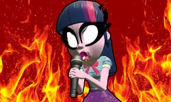 Size: 5120x3045 | Tagged: safe, artist:n3onh100, derpibooru import, sci-twi, twilight sparkle, equestria girls, aggressive retsuko, aggretsuko, death metal, fire, microphone, reference, screaming, white eyes