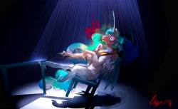 Size: 4096x2509 | Tagged: safe, artist:alumx, derpibooru import, princess celestia, alicorn, pony, chair, falling, female, mare, solo